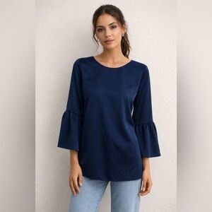 Du Jour Navy Bell Sleeve Blouse